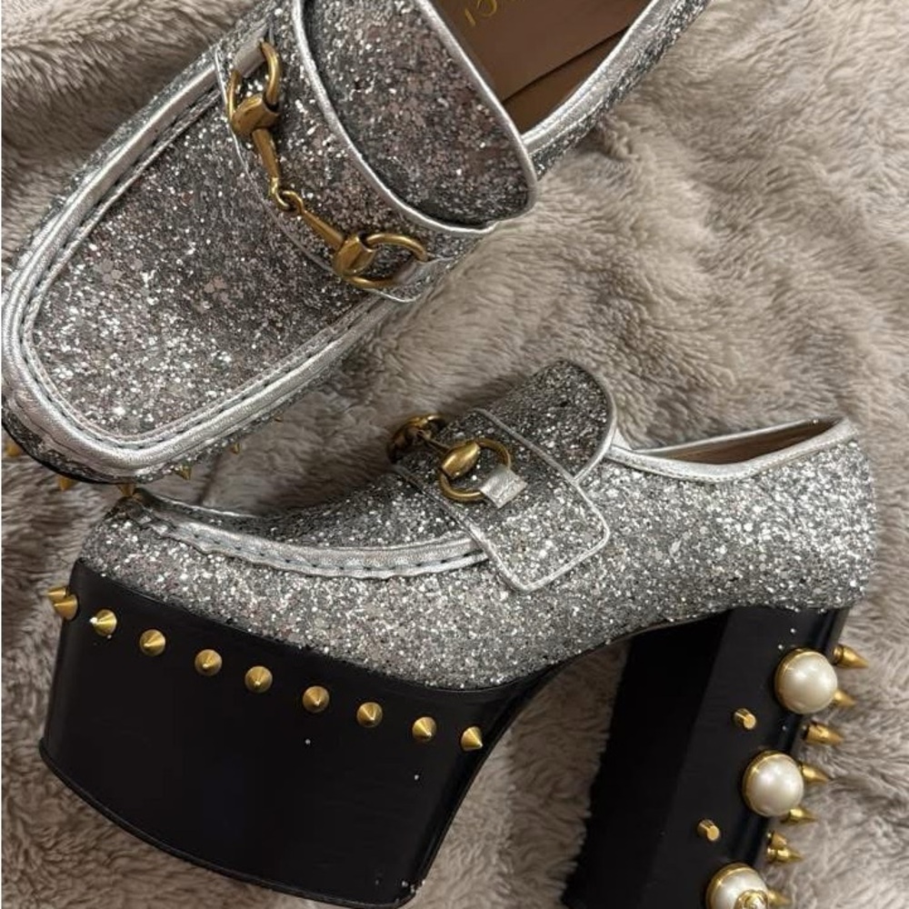 Gucci Silver Glitter Platform Loafers with Gold and Pearl Details